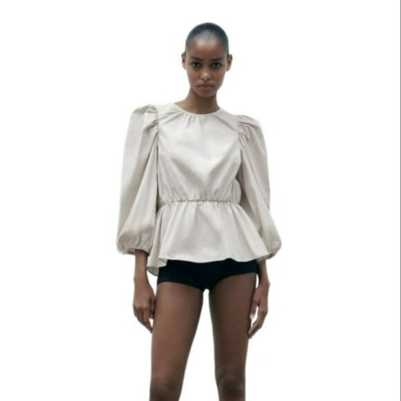 ZARA TOP WITH PUFF SLEEVES Grey / Beige m | 3136/545 - Picture 1 of 4